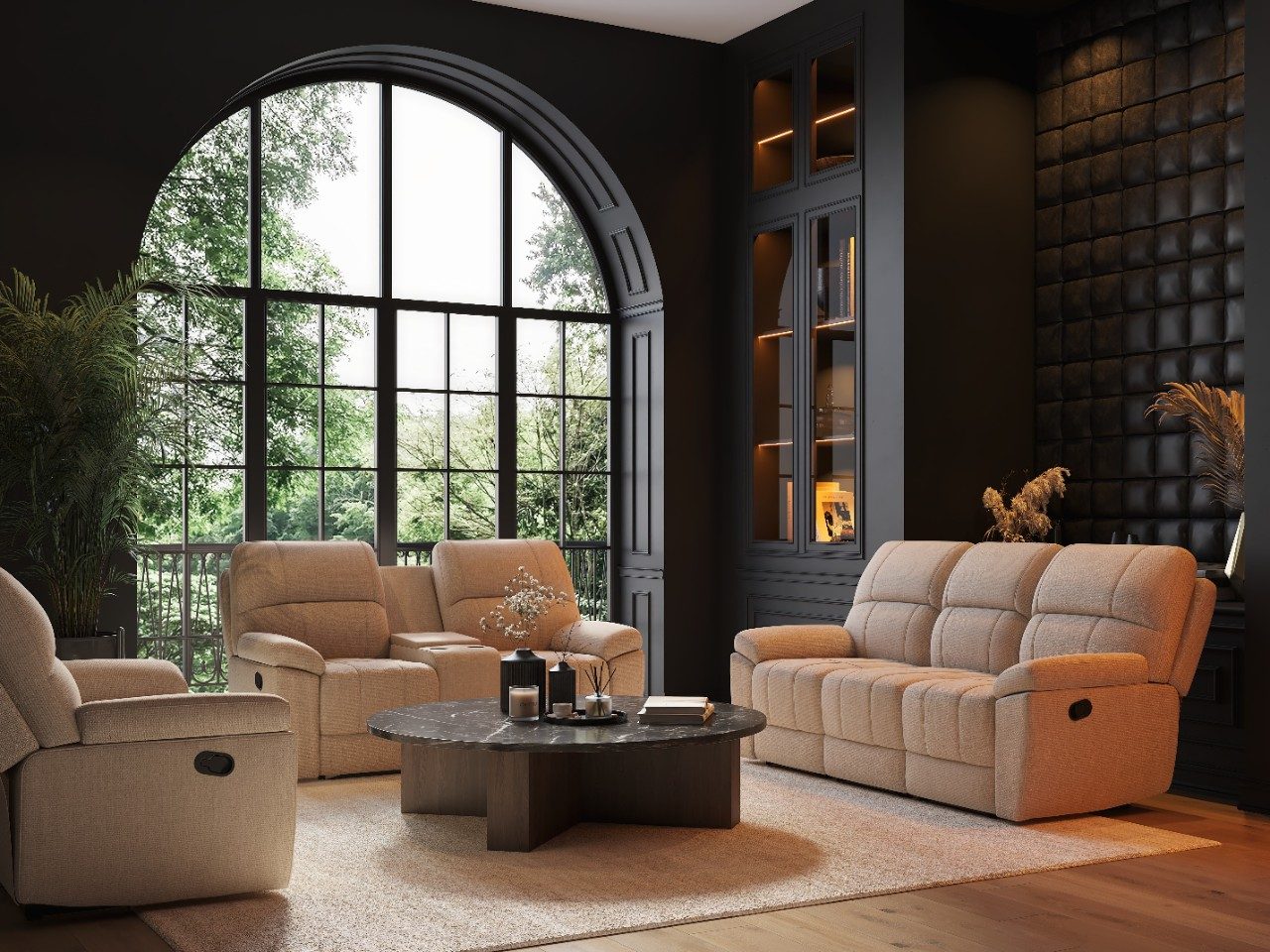 Living room with beige recliners and black wall - Beautiful Homes