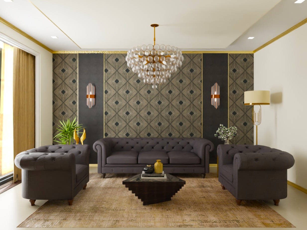 Living room with grey sofas and textured wall - Beautiful Homes