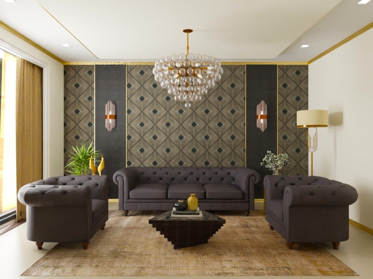 Living room with grey sofas and textured wall - Beautiful Homes