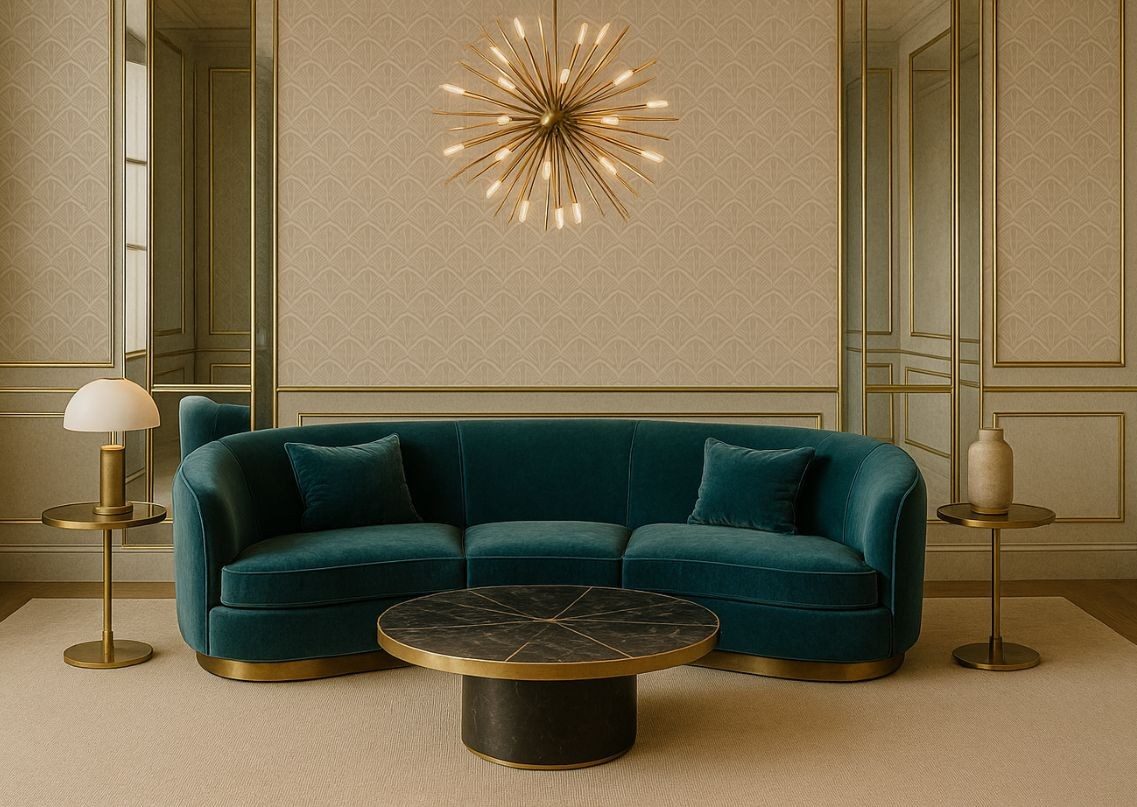 Living room with teal sofa and gold décor - Beautiful Homes