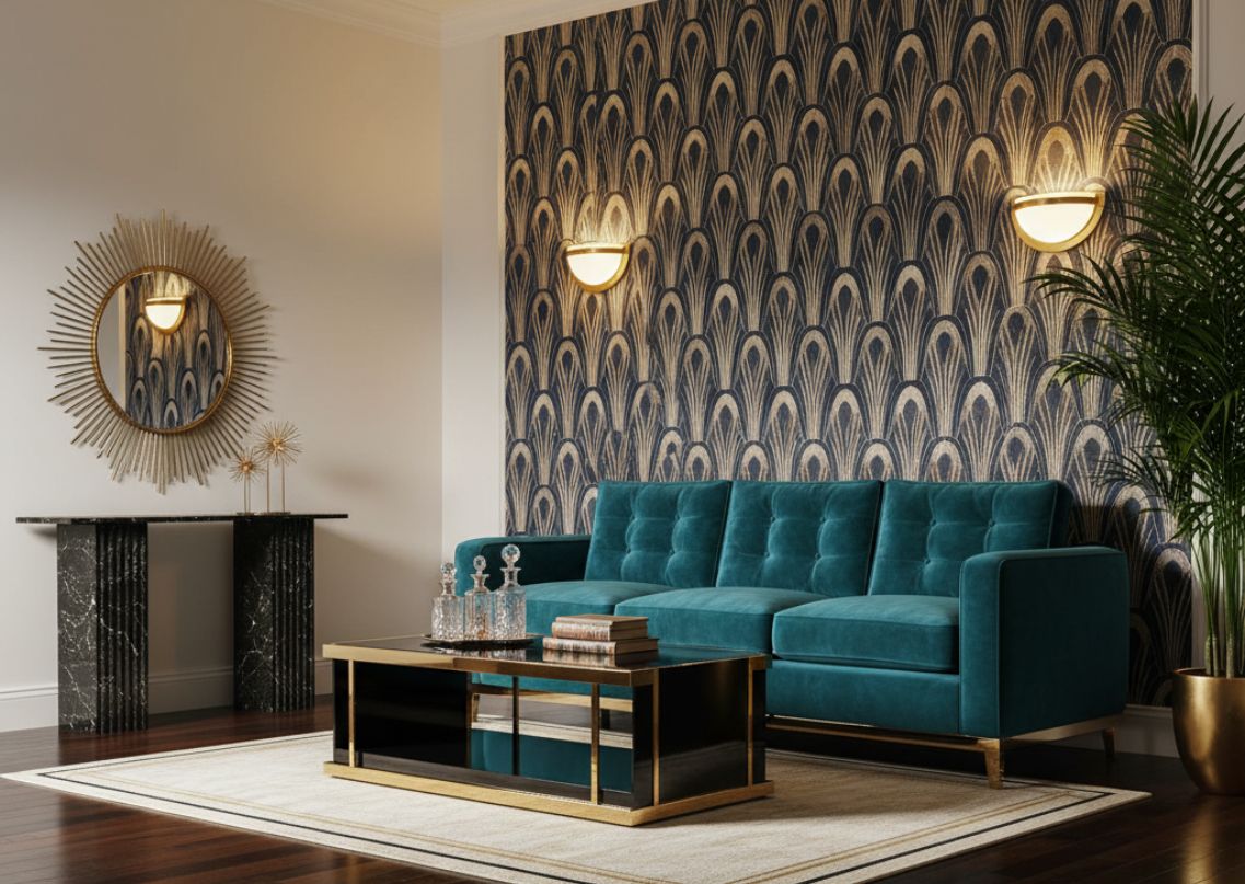 Teal sofa with art deco wallpaper and gold accents - Beautiful Homes