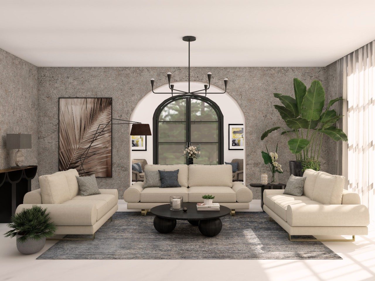 Art deco u-shaped living room with arched entryway - Beautiful Homes