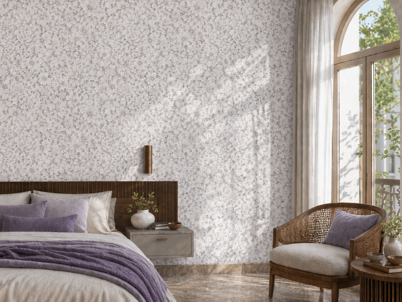 Light floral wallpaper with a dense pattern of soft grey, beige, and white blooms - Beautiful Homes