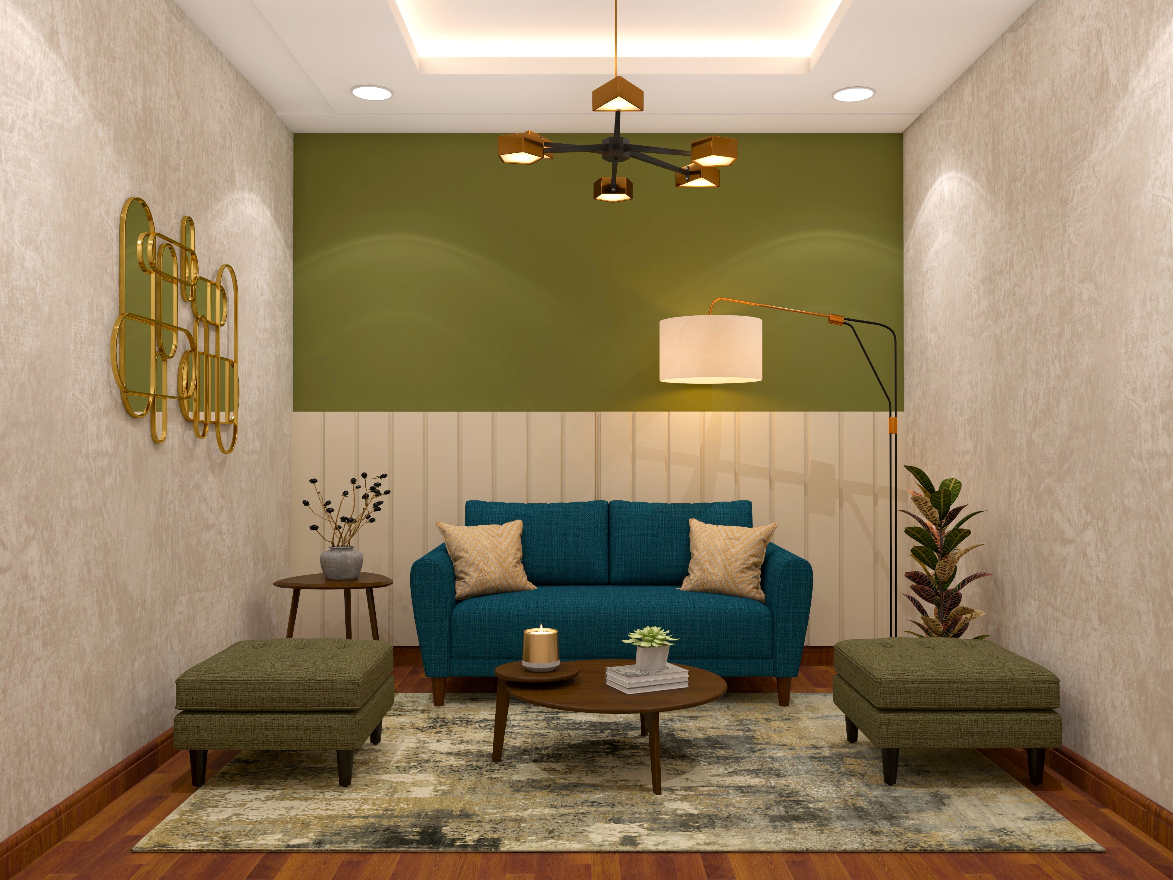Beige and green living room with blue sofa and olive green ottomans-Beautiful Homes