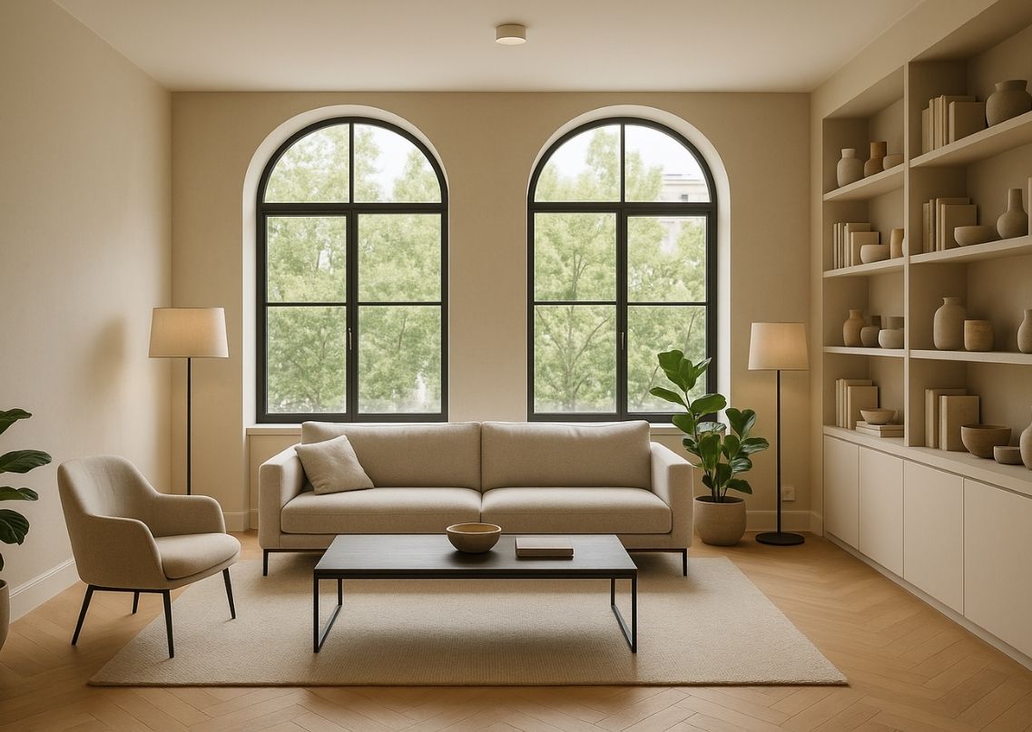 Modern living room with arched windows and décor - Beautiful Homes
