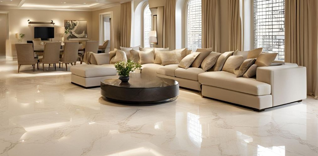 Beige living room with white marble flooring - Beautiful Homes