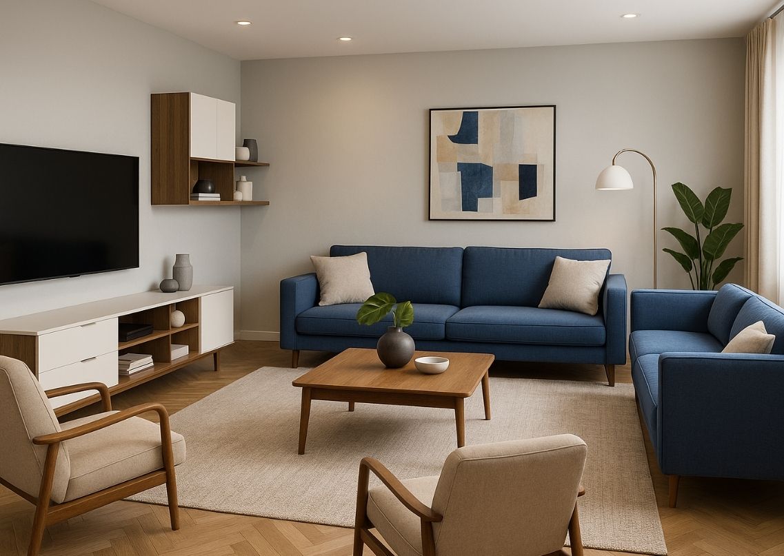Living room with blue sofa and wooden décor - Beautiful Homes