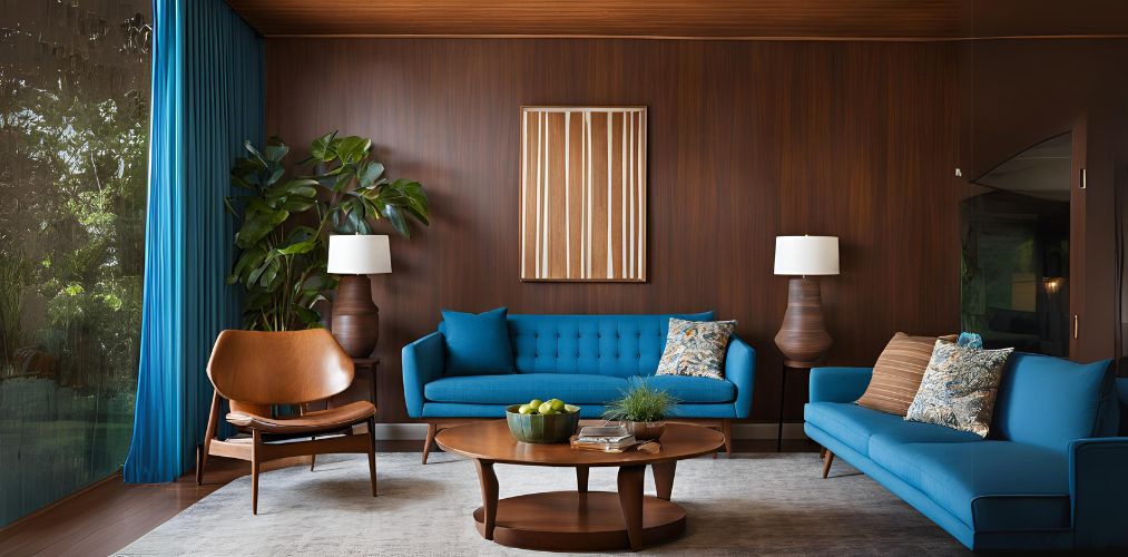 Blue and brown mid-century modern living room design - Beautiful Homes