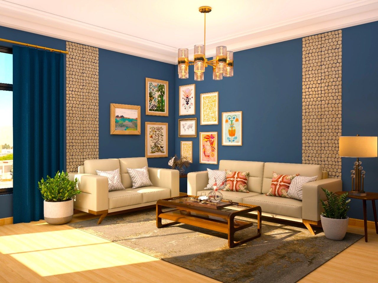 Blue and gold living room with framed artwork-Beautiful Homes