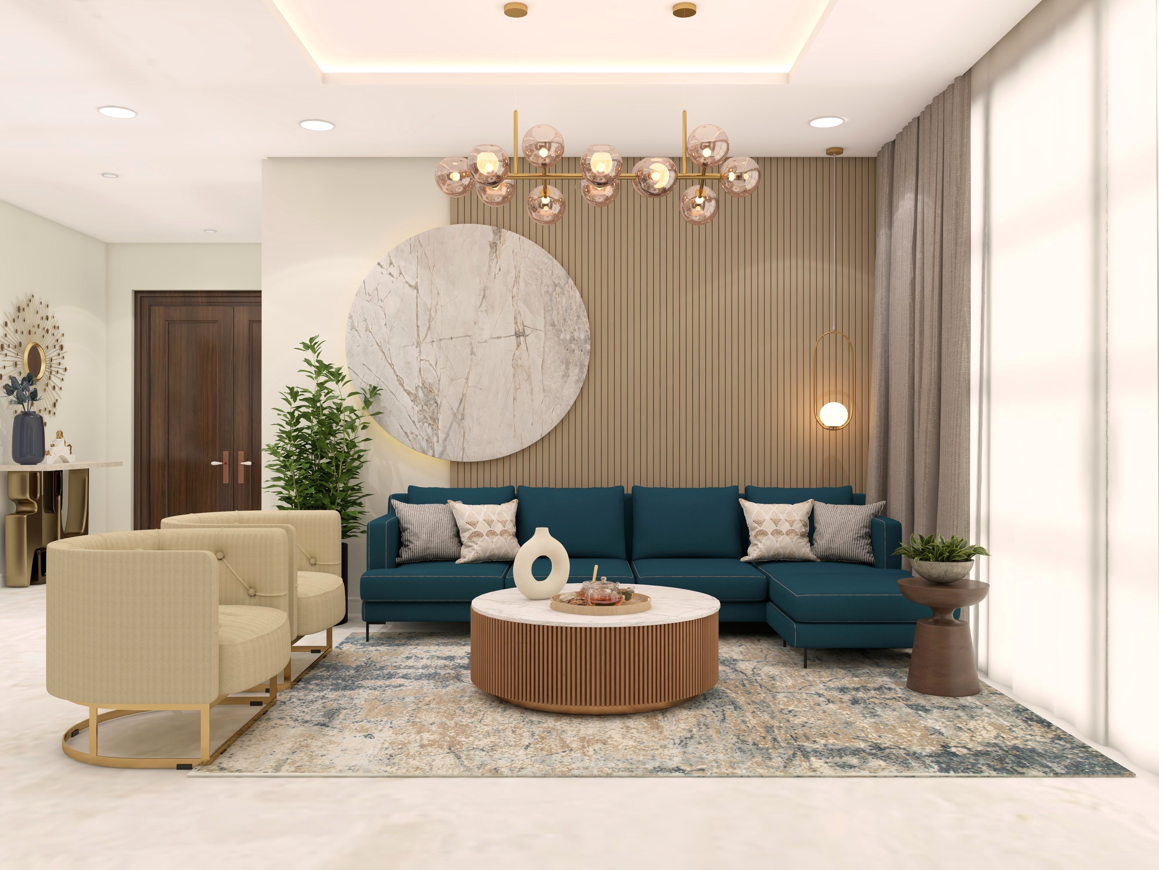 Blue sectional sofa with beige upholstered chairs and round marble center table-Beautiful Homes