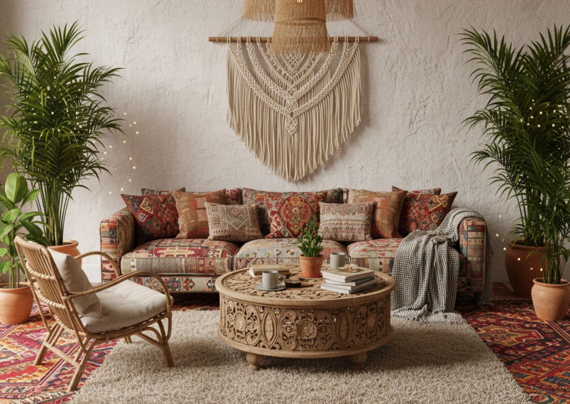 Bohemian living room with sofa and rustic décor - Beautiful Homes