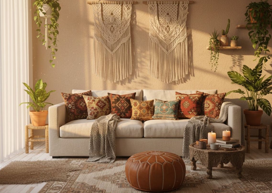 Bohemian living room with macrame and plants - Beautiful Homes