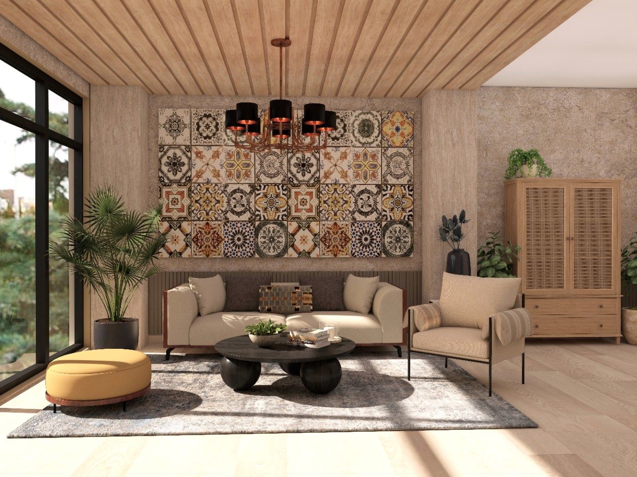 Bohemian living room with printed wall tiles and light wooden plank ceiling - Beautiful Homes