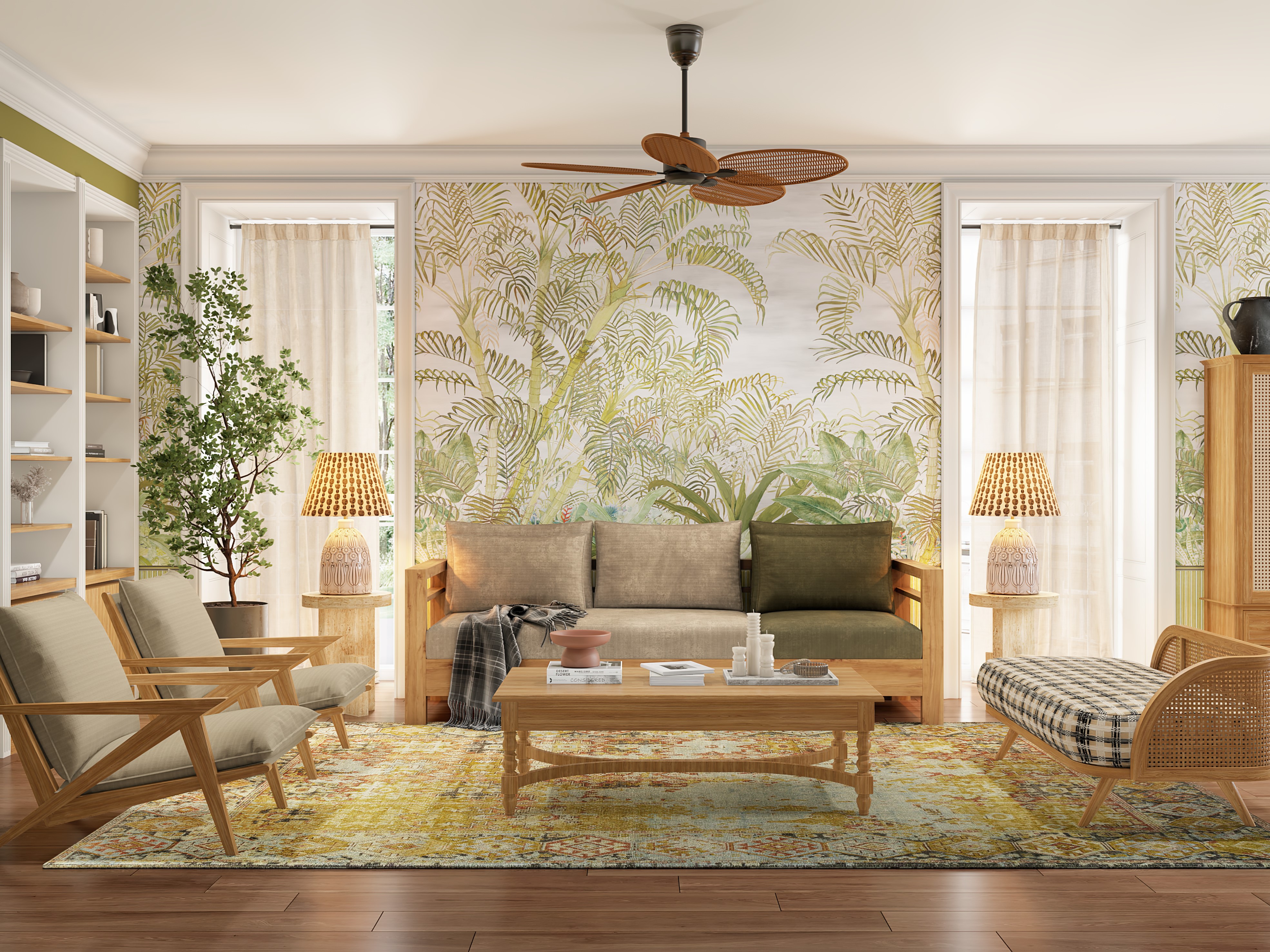 Stylish living room with tropical wallpaper and cozy décor - Beautiful Homes