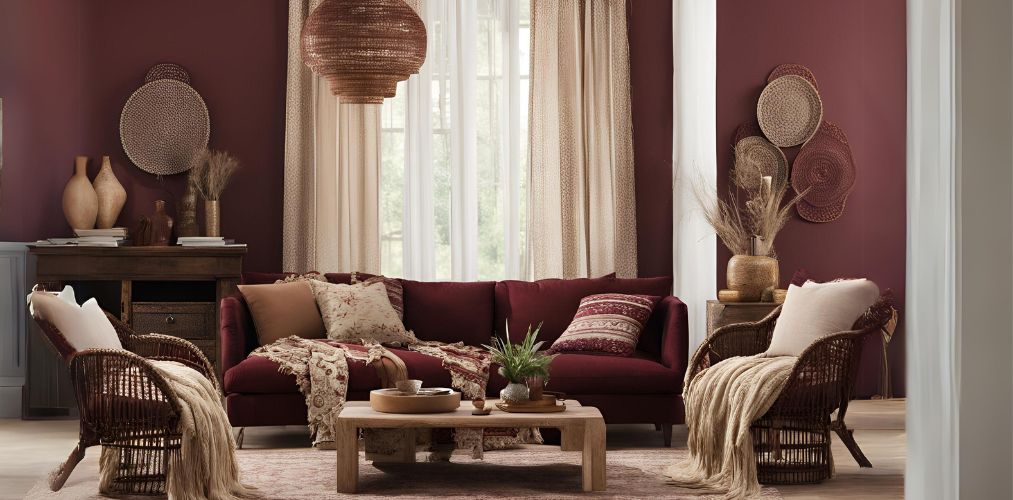 Bohemian maroon and beige living room - Beautiful Homes