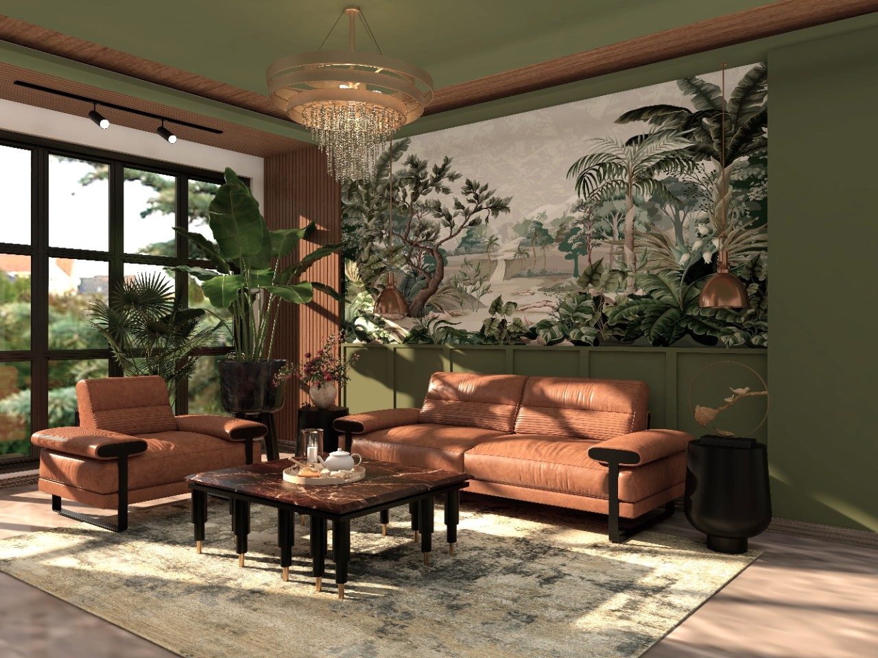 Bohemian style living room with leather sofas and tropical wallpaper - Beautiful Homes