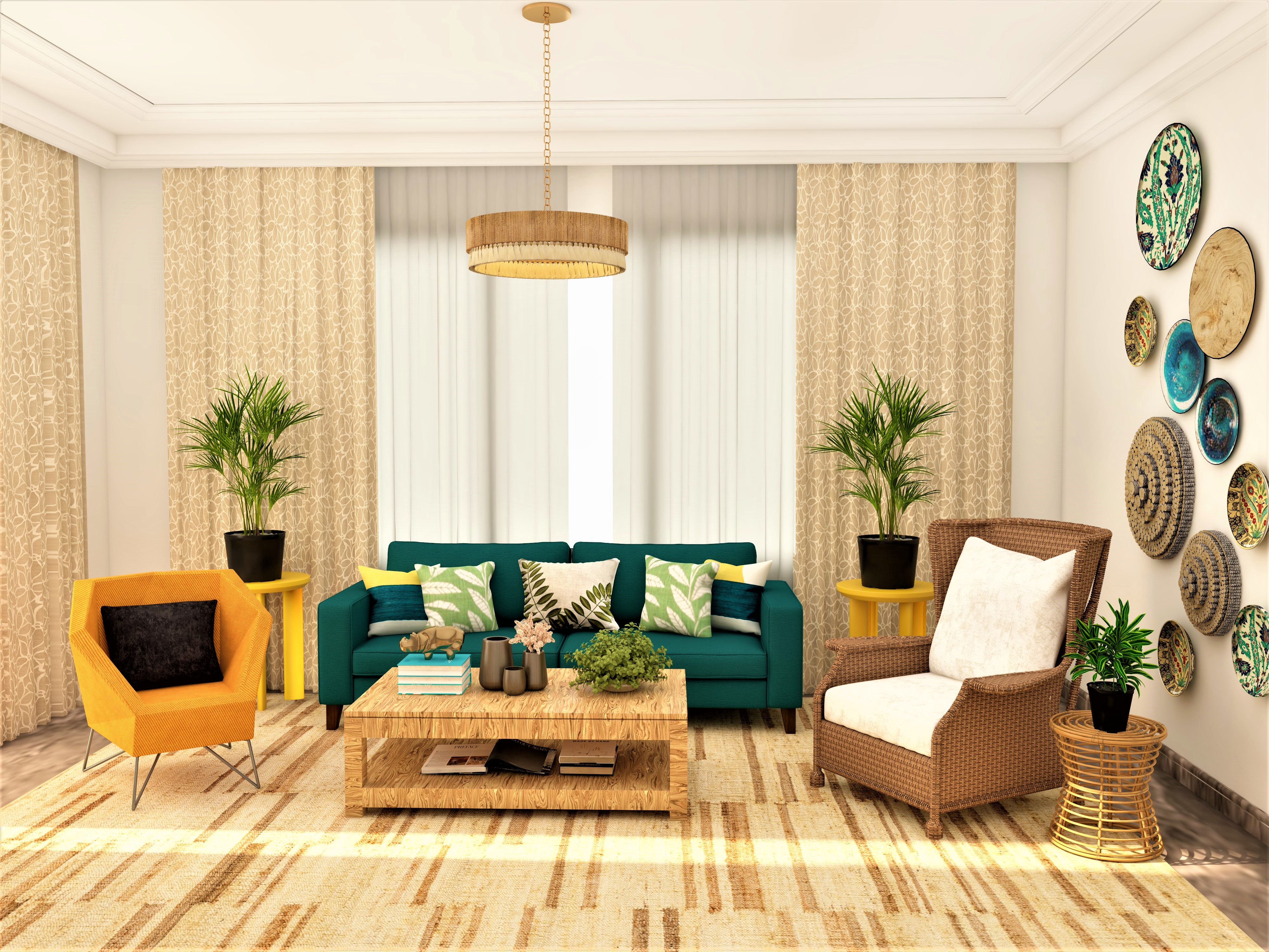 Living room with green designer sofa and wall art- Beautiful Homes
