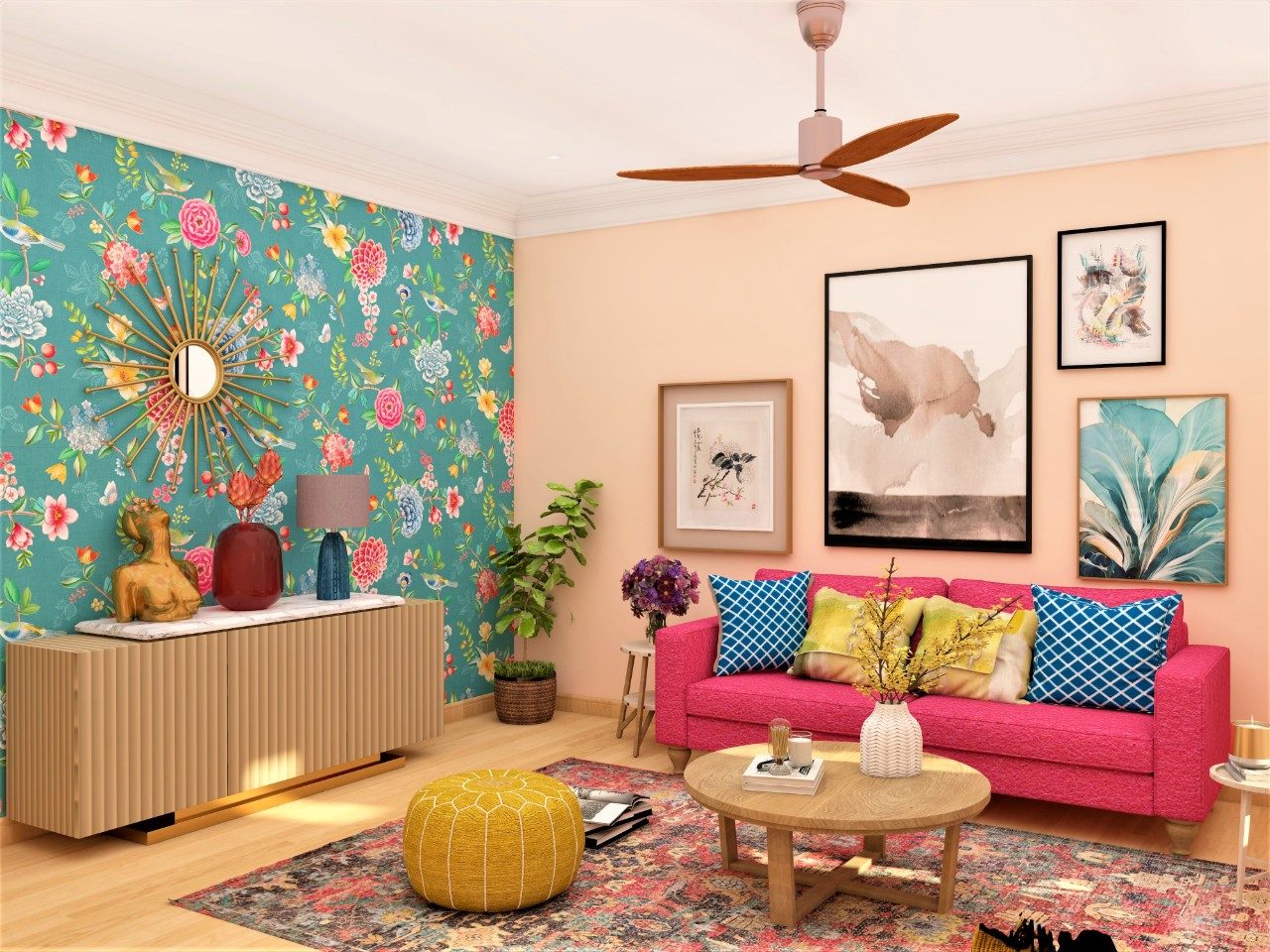 Living room with floral wallpaper and console unit-Beautiful Homes