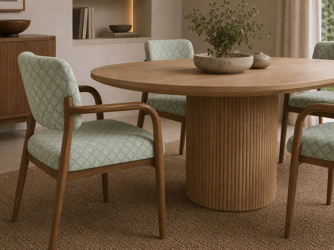 Round light oak dining table with a fluted pedestal base, paired with wooden dining chairs upholstered in sage green patterned fabric - Beautiful Homes