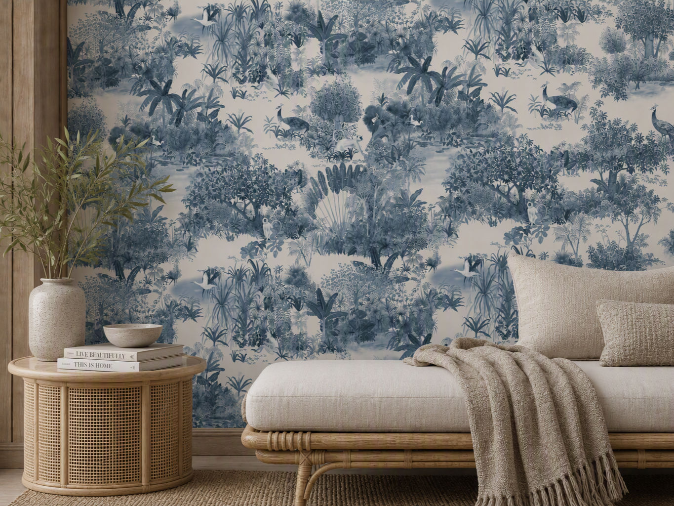 Classic indigo blue tropical botanical wallpaper behind a modern cane daybed - Beautiful Homes