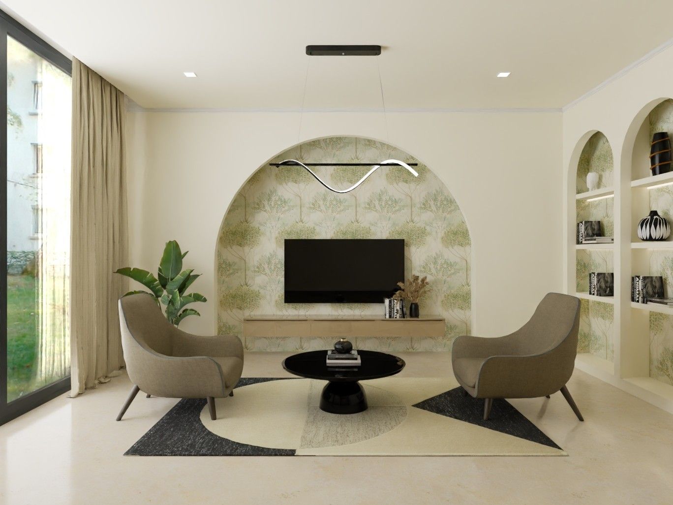 Contemporary living room featuring arched niches, geometric rug, and wavy pendant light - Beautiful Homes