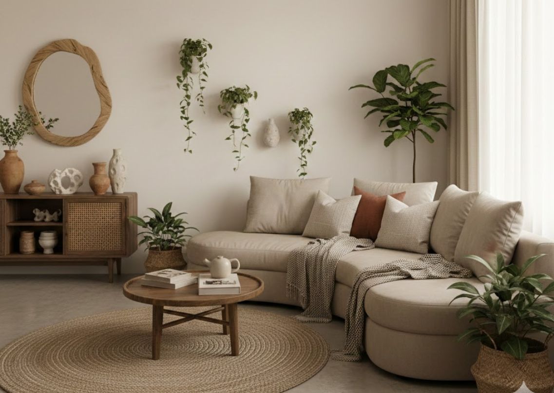 Living room with beige sofa and wooden table - Beautiful Homes