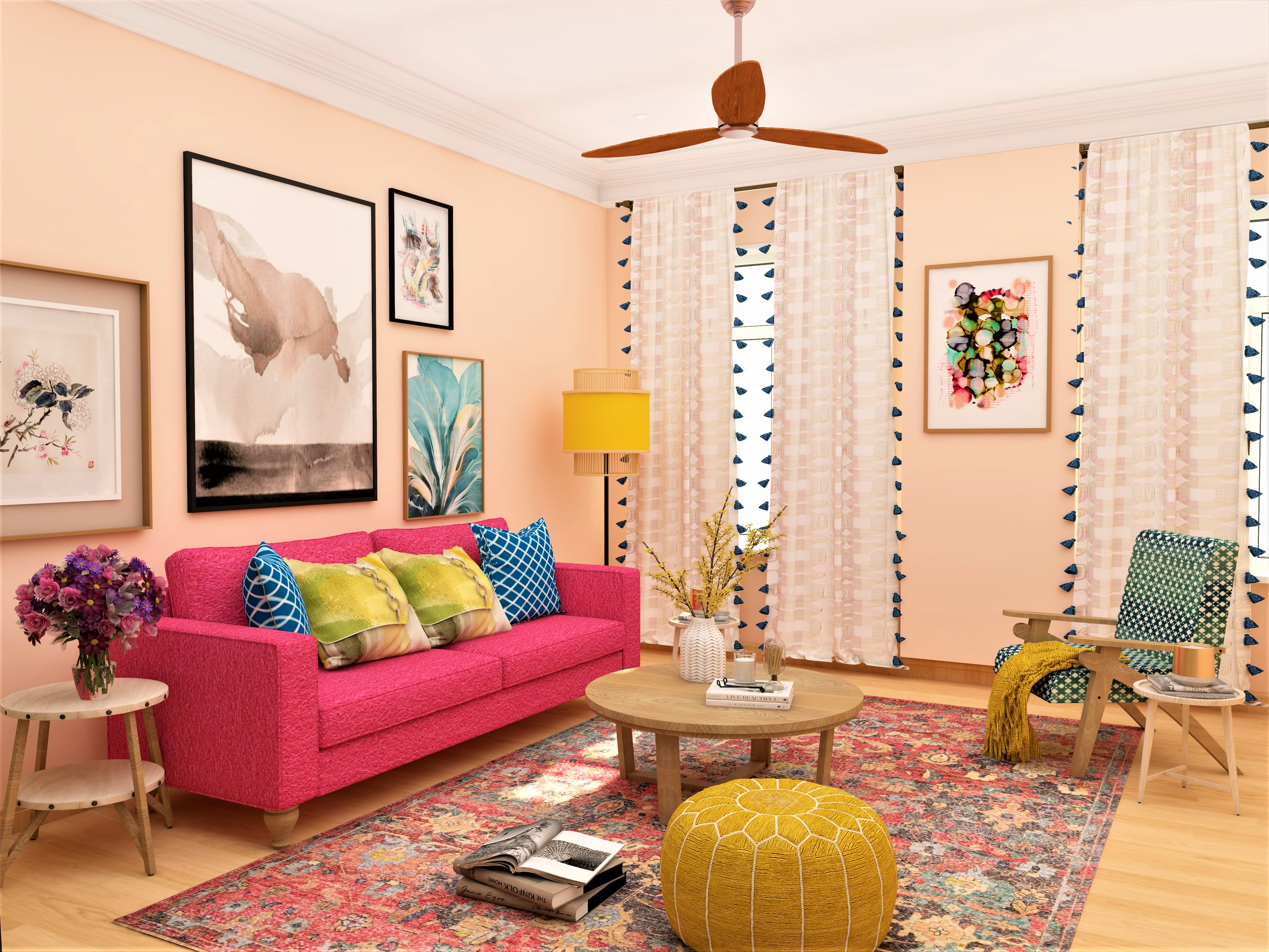 Boho chic living room with pink sofa and designer carpet-Beautiful Home