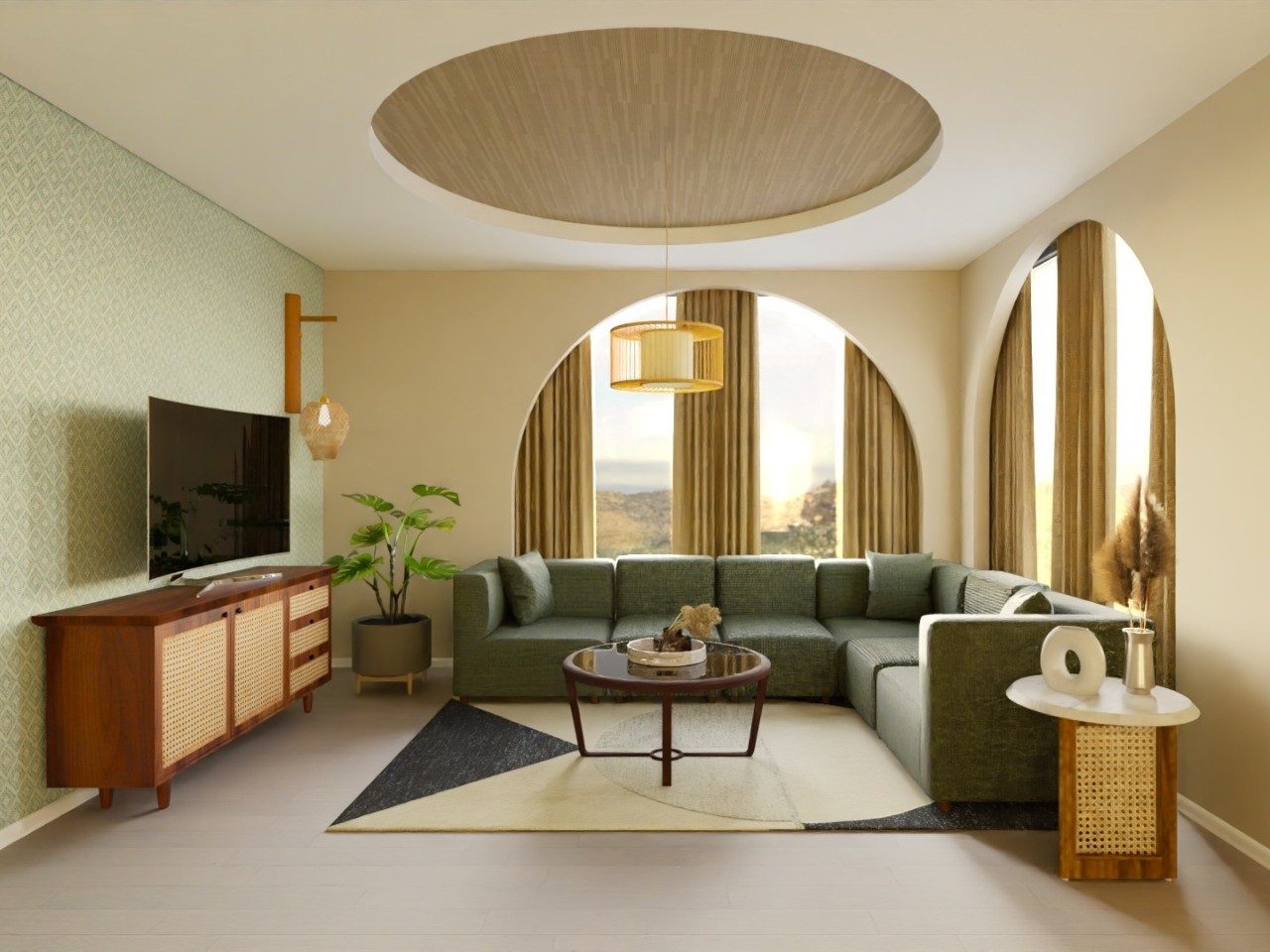 Contemporary living room with green sofa and arched windows - Beautiful Homes