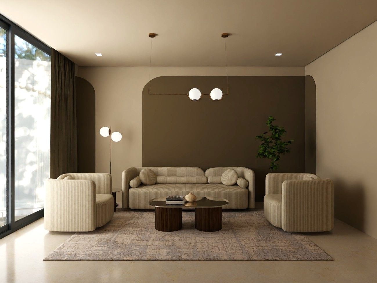 Elegant living room featuring a striped sofa, dark accent wall, and spherical pendant lights - Beautiful Homes