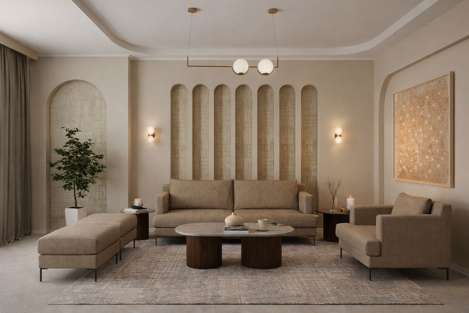 Modern living room featuring arched wall details, neutral furniture, and globe lighting - Beautiful Homes