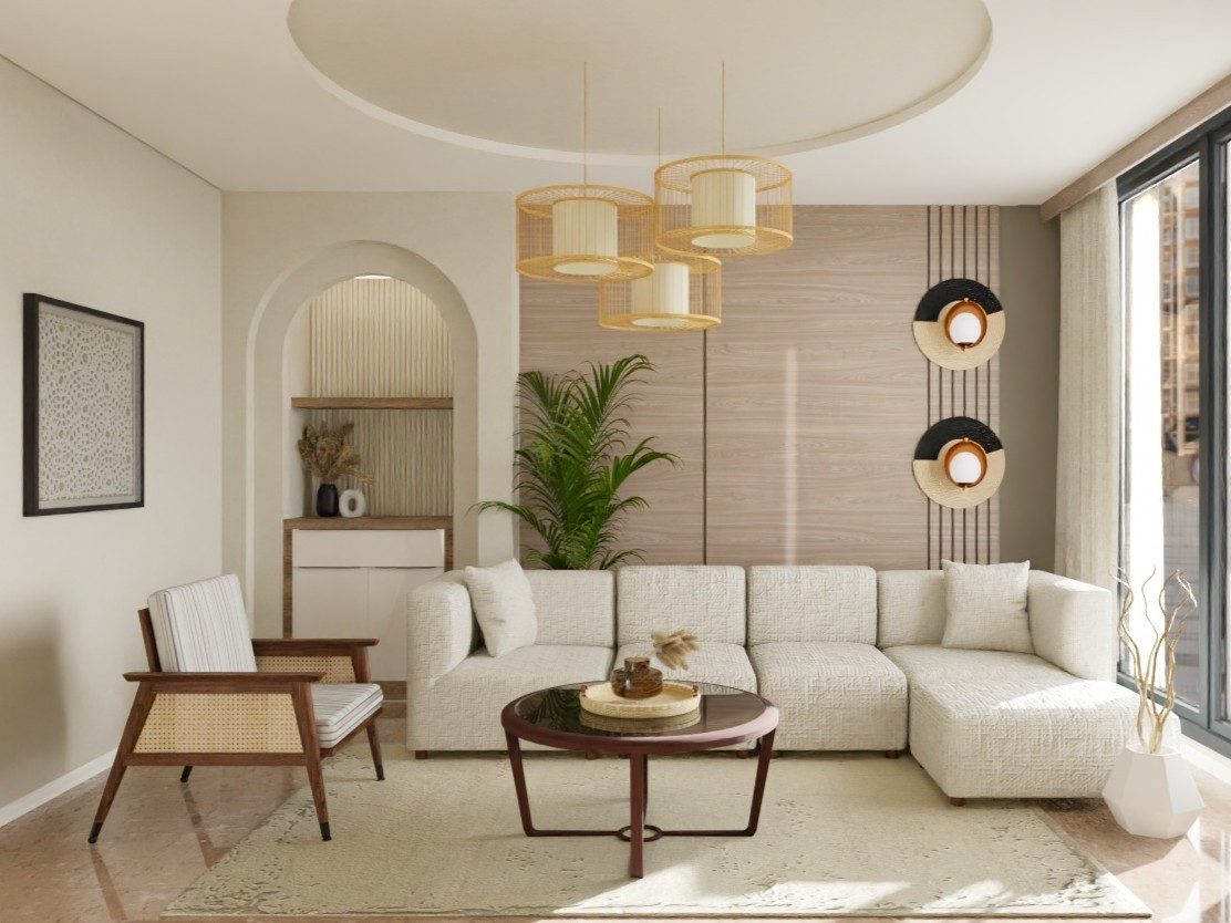 Living room with sofa, wooden chair, and décor - Beautiful Homes