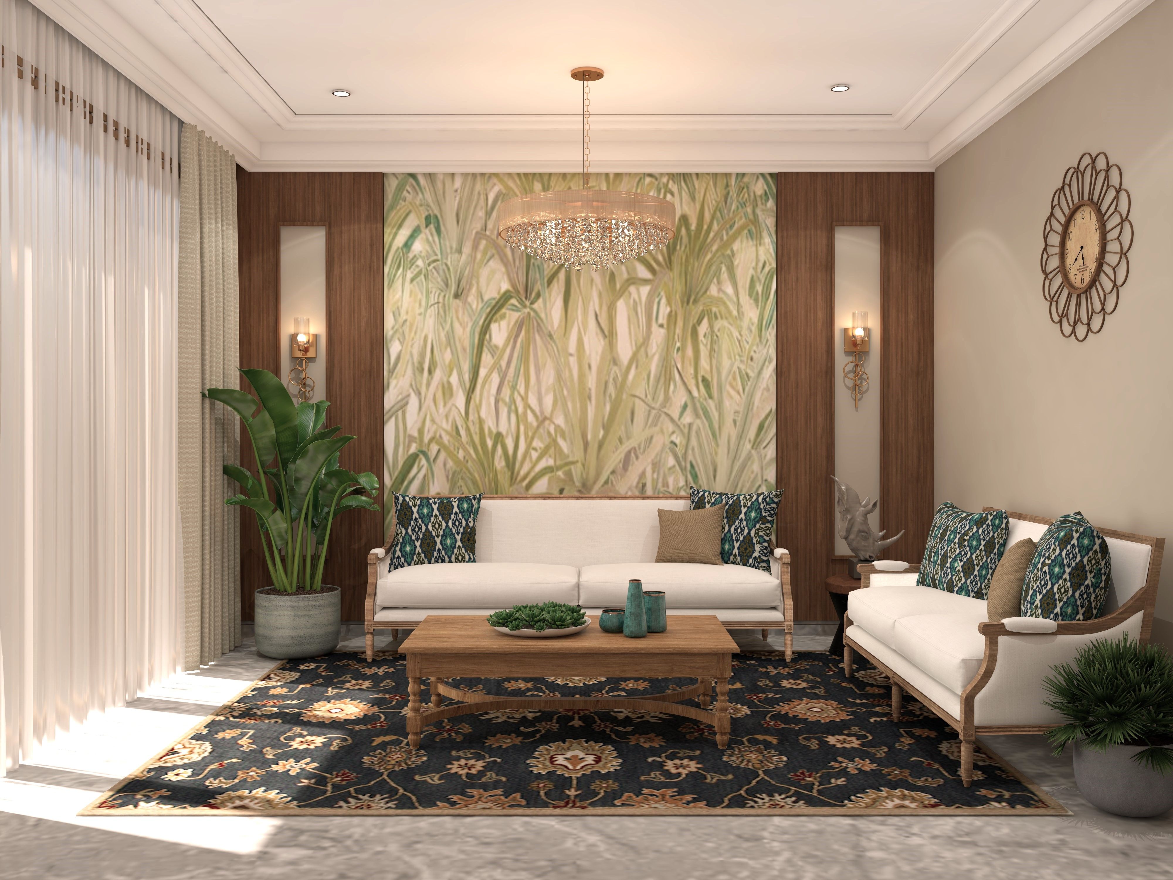 Serene living room featuring botanical wallpaper, light sofas, and a navy patterned rug - Beautiful Homes