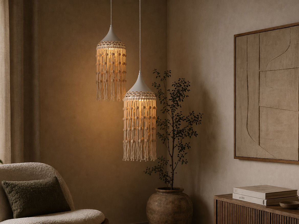 Set of two white pendant lights with tiered shades, cream macramé fringe, and wooden bead detailing - Beautiful Homes