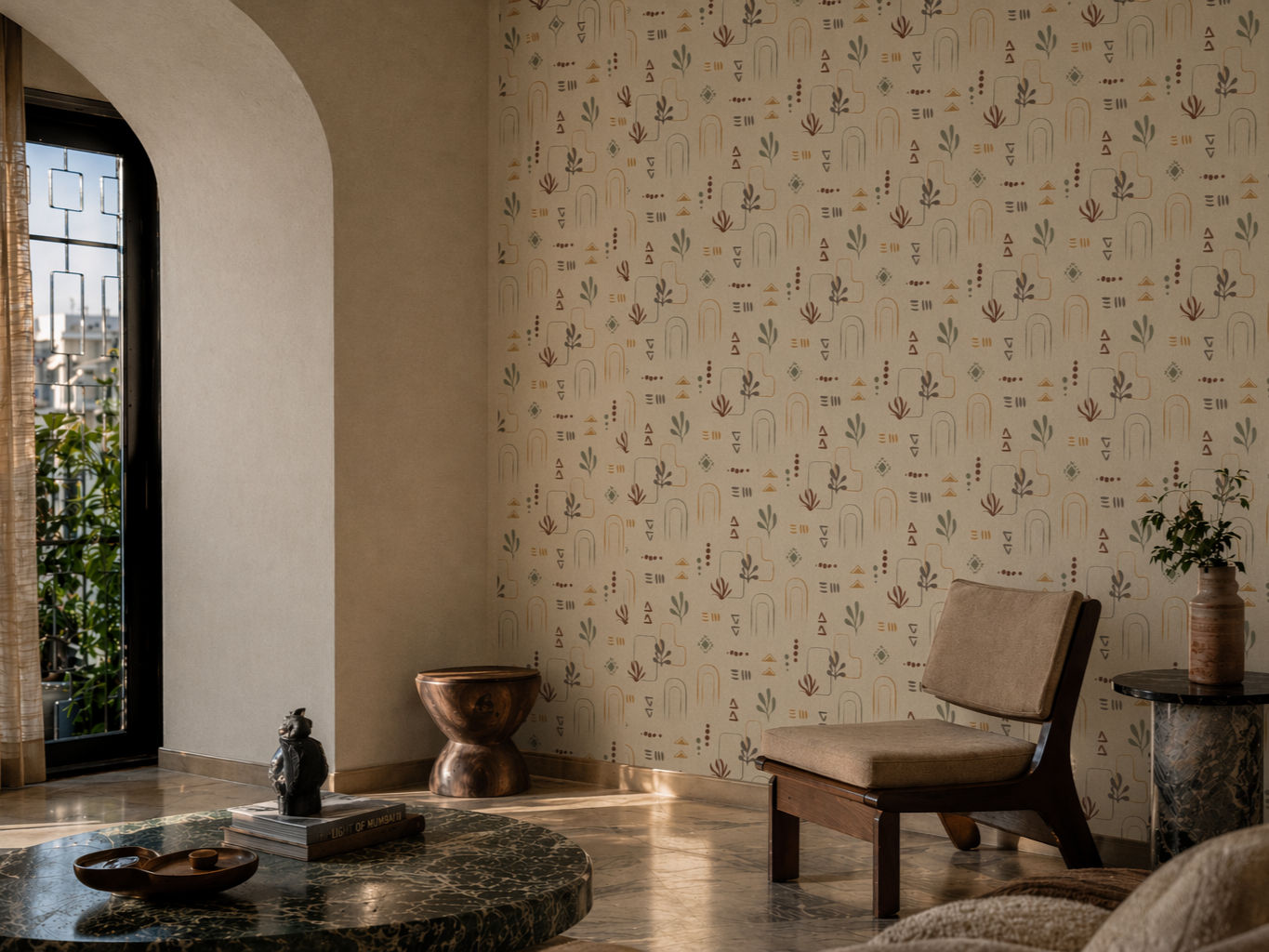 Light cream wallpaper with terracotta arch motifs, olive botanical sprigs, and geometric accents - Beautiful Homes