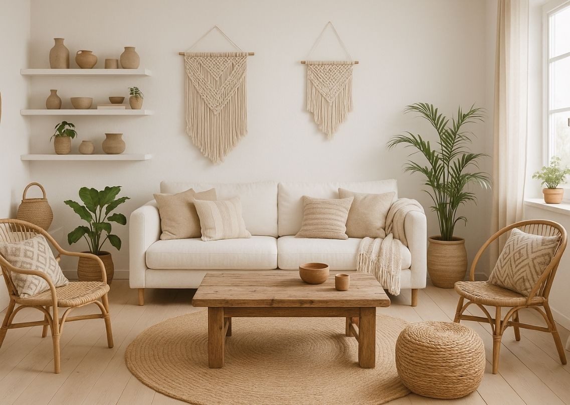 Bright living room with white sofa and greenery - Beautiful Homes