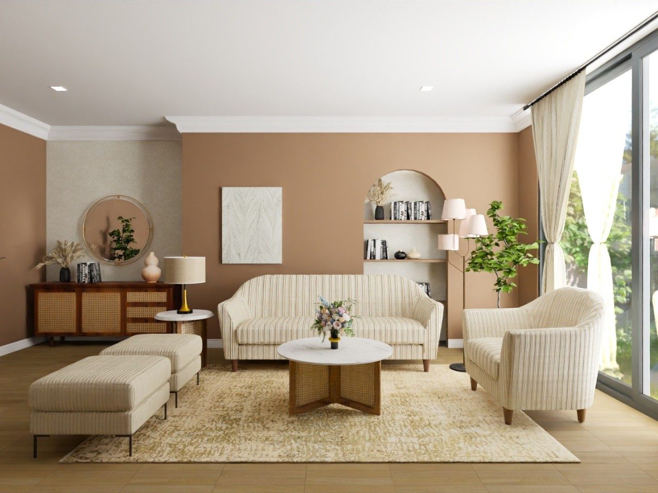 Beige living room with wooden furniture and décor - Beautiful Homes