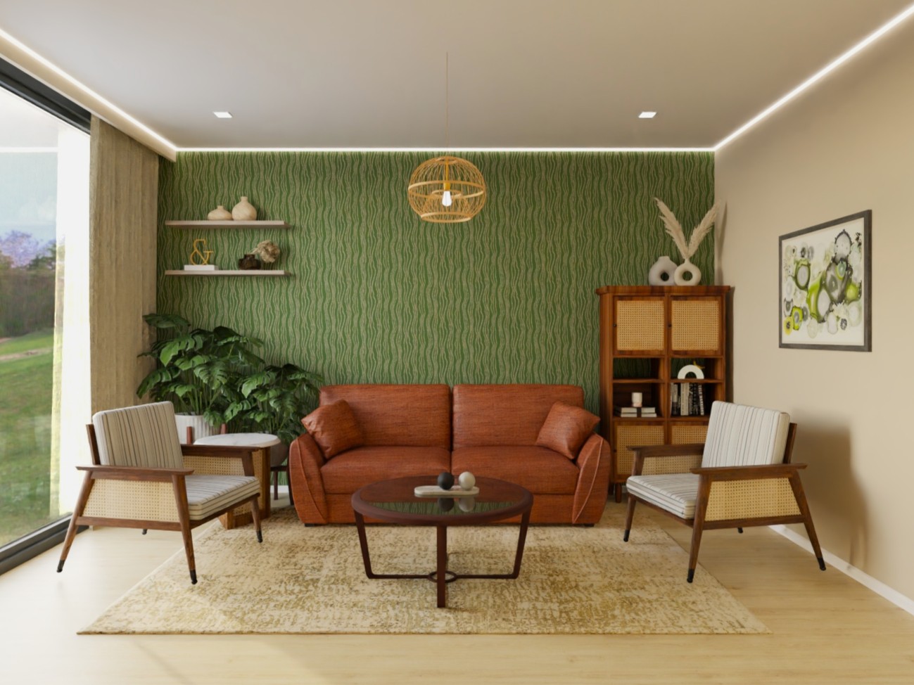 Modern living room with green wall and wooden furniture - Beautiful Homes