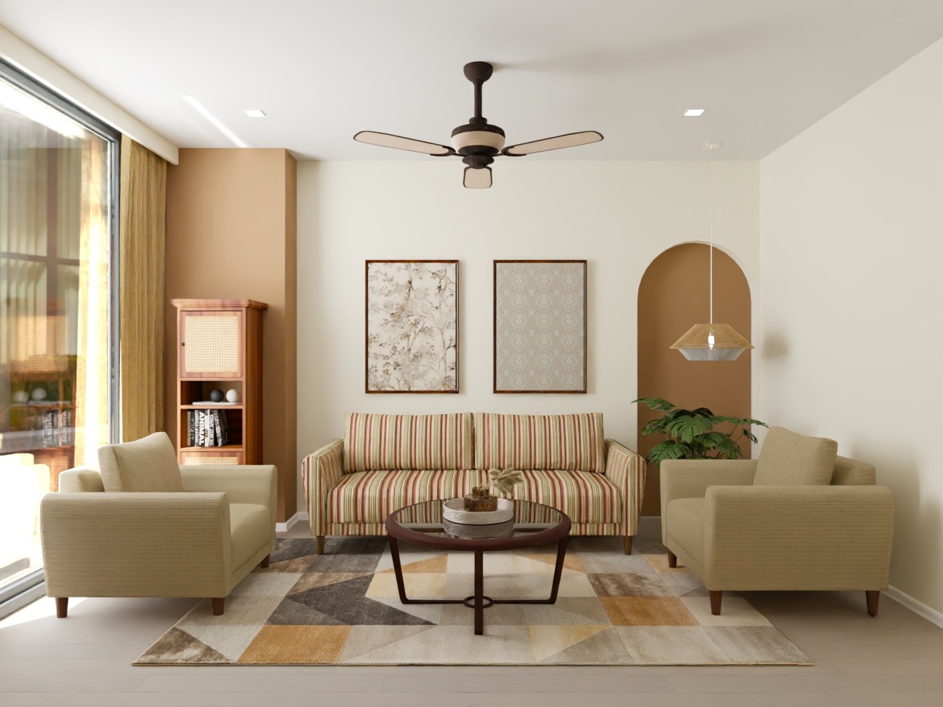 Living room with striped sofa and beige armchairs - Beautiful Homes