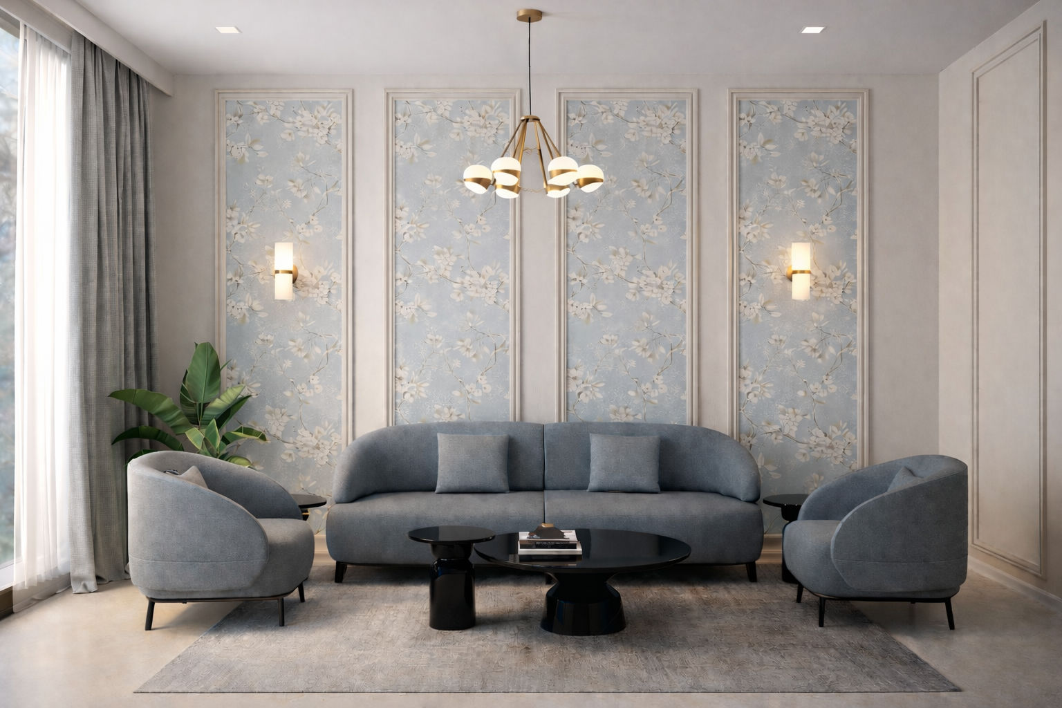 Modern living room featuring floral wall panels, blue furniture, and gold lighting - Beautiful Homes