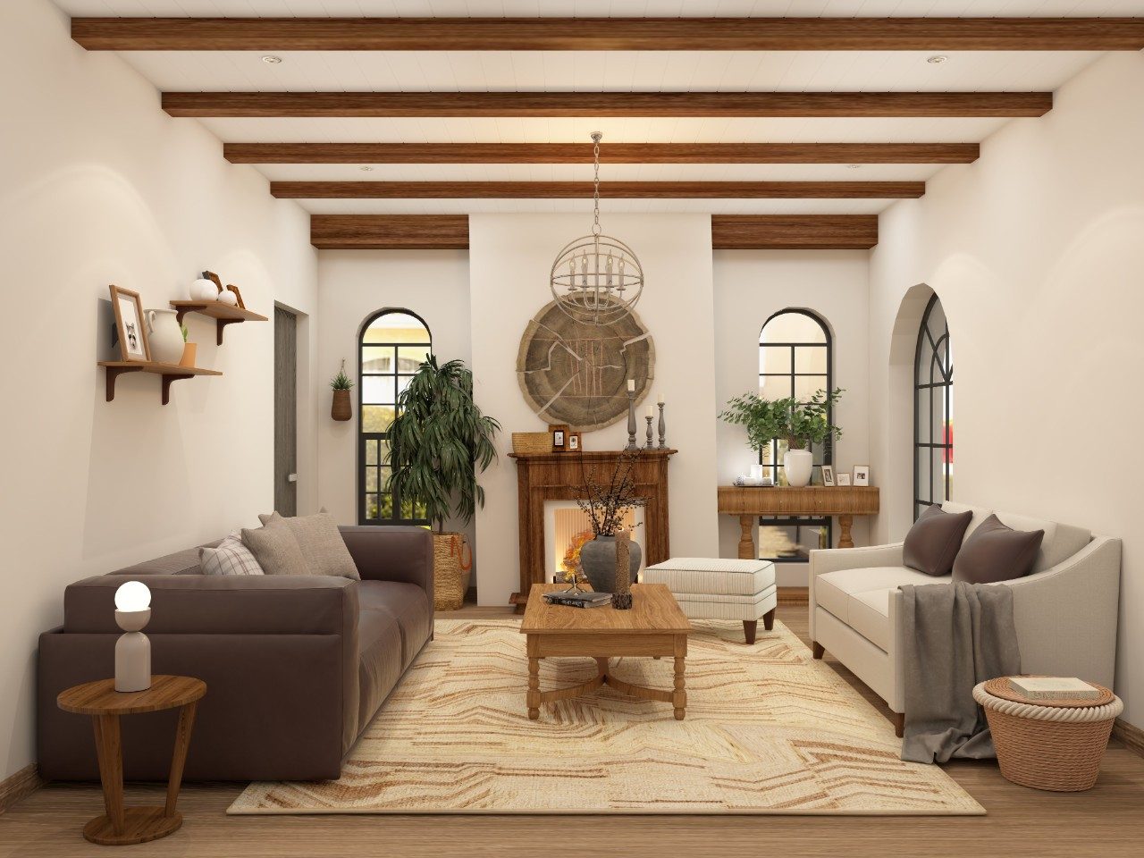 Living room with cozy sofa and wooden décor - Beautiful Homes