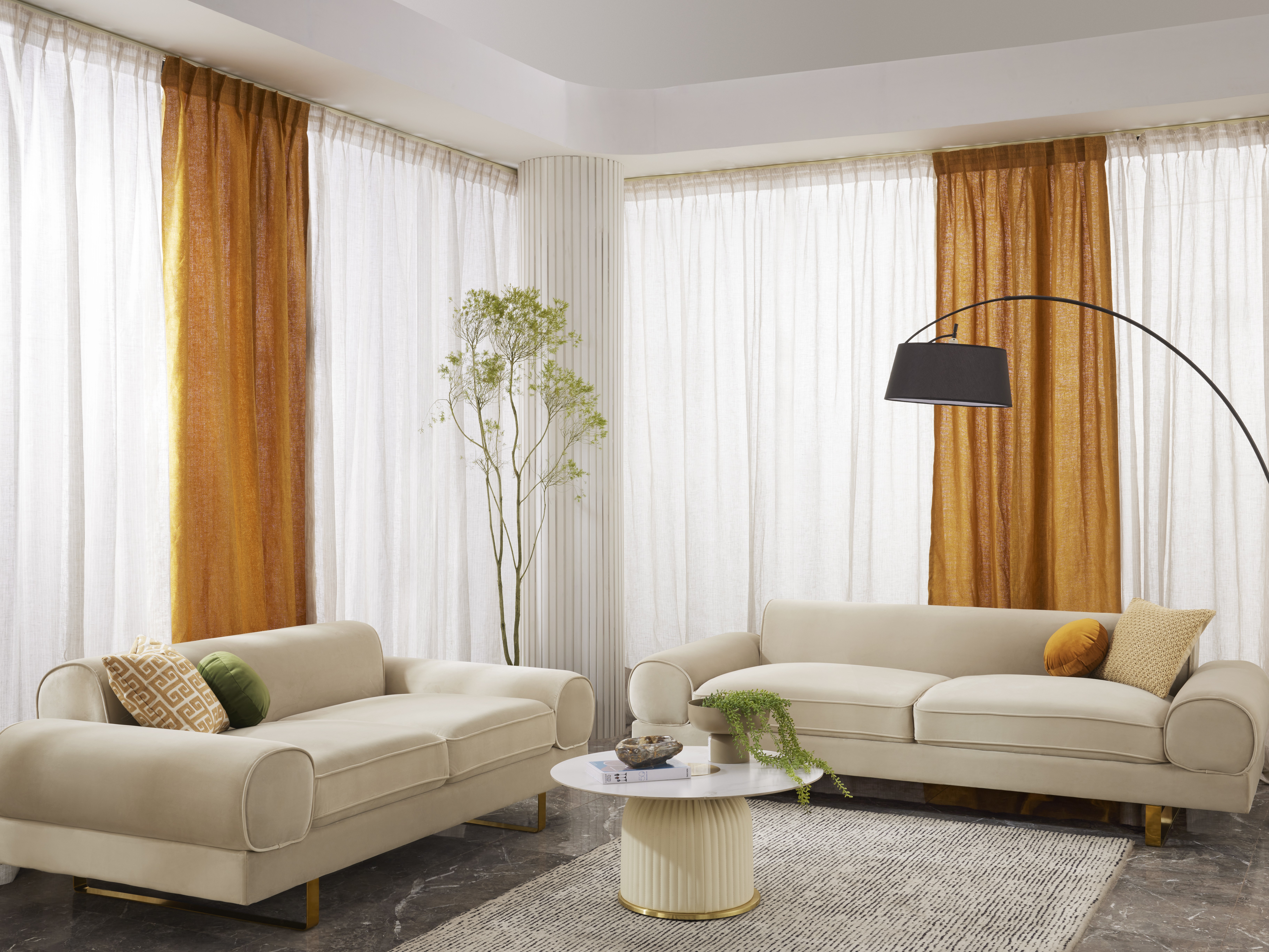 Chic living room with beige sofa set and sheer curtains - Beautiful Homes