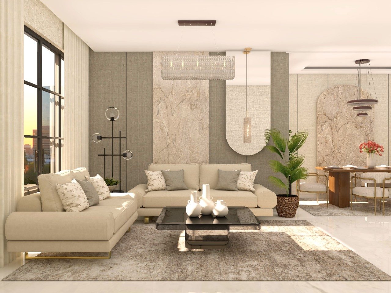 Living room with beige sofa and modern décor - Beautiful Homes