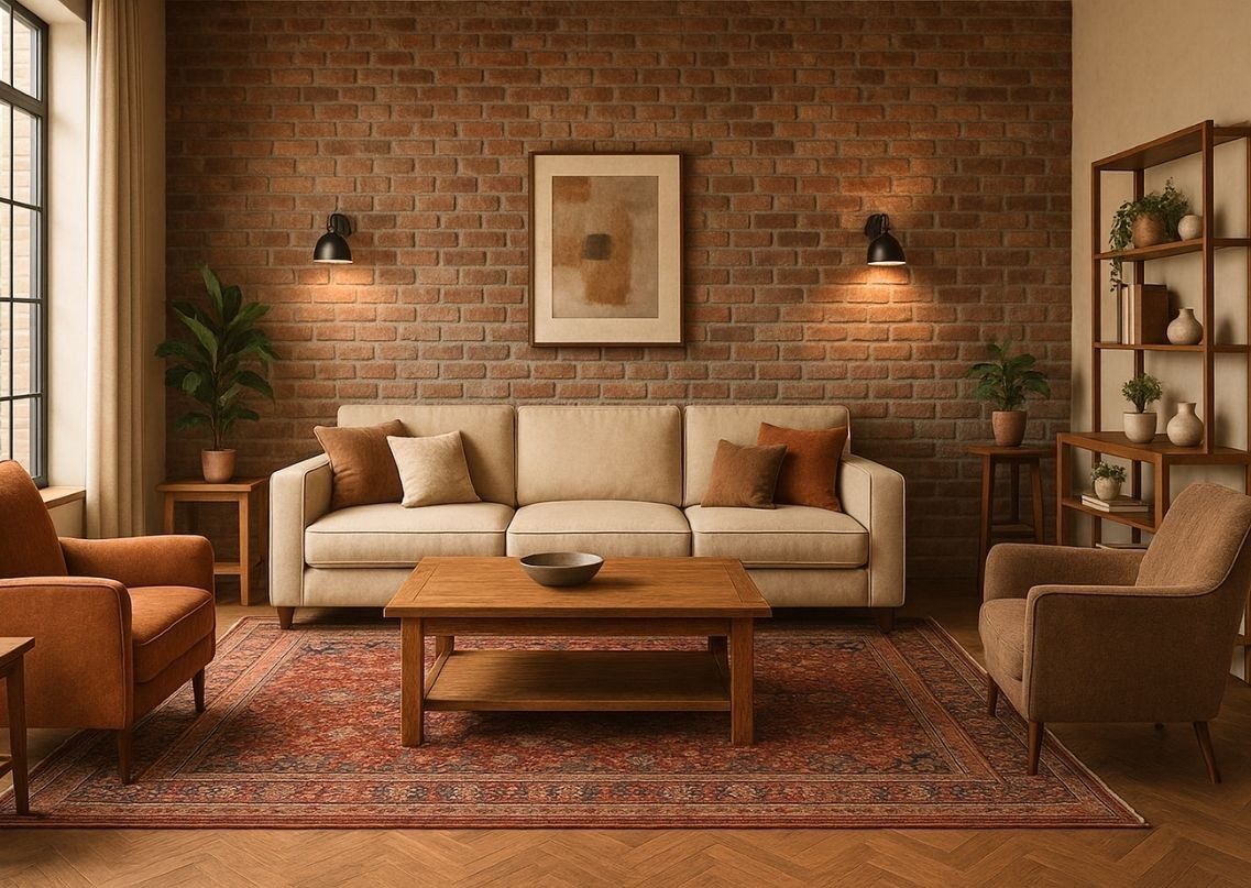 Living room with beige sofa and brick wall - Beautiful Homes