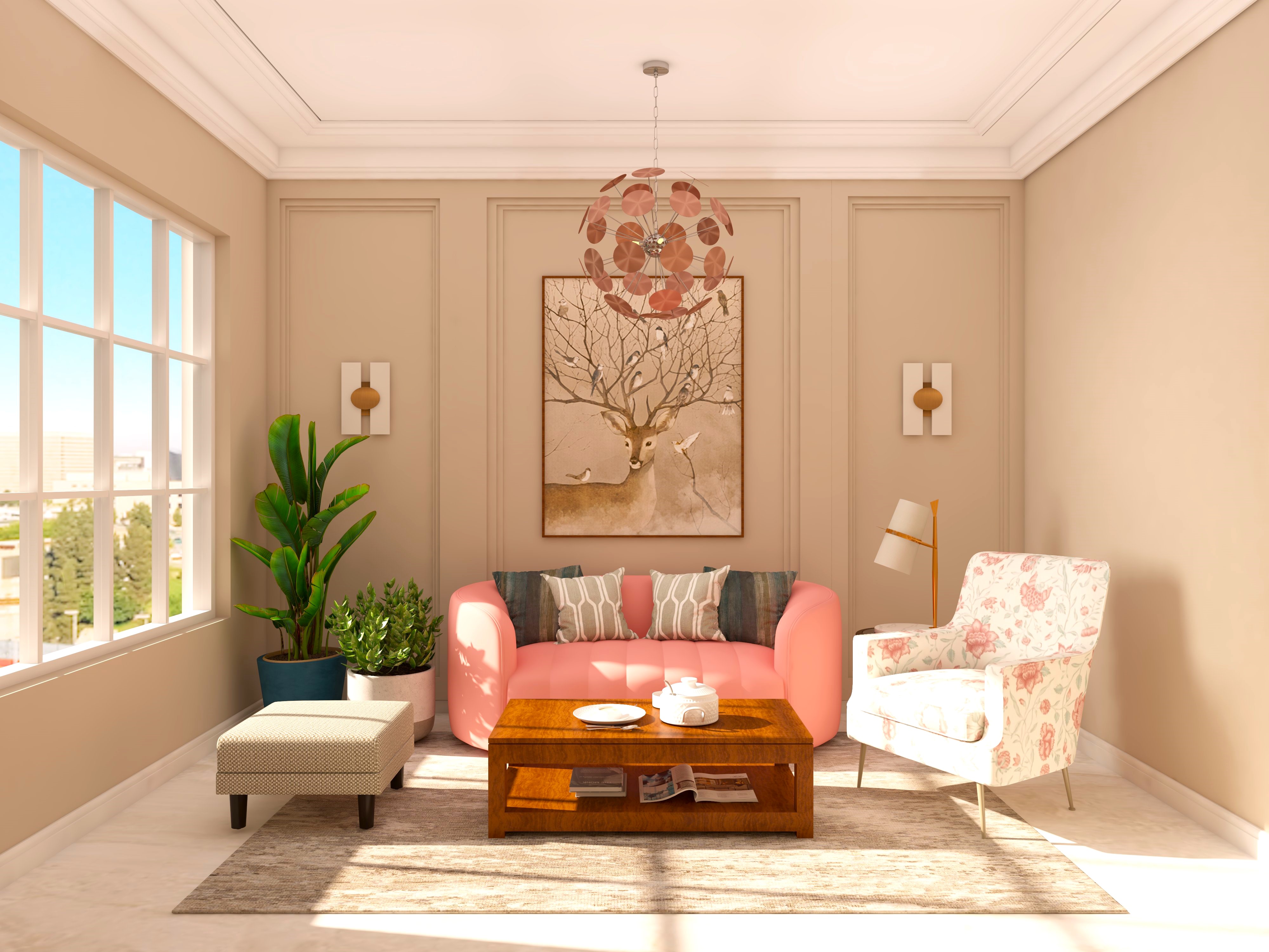 Chic living room with pink sofa and beige walls-Beautiful Homes