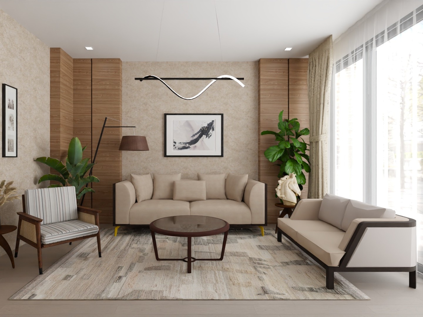 Neutral living room with beige sofa and décor - Beautiful Homes