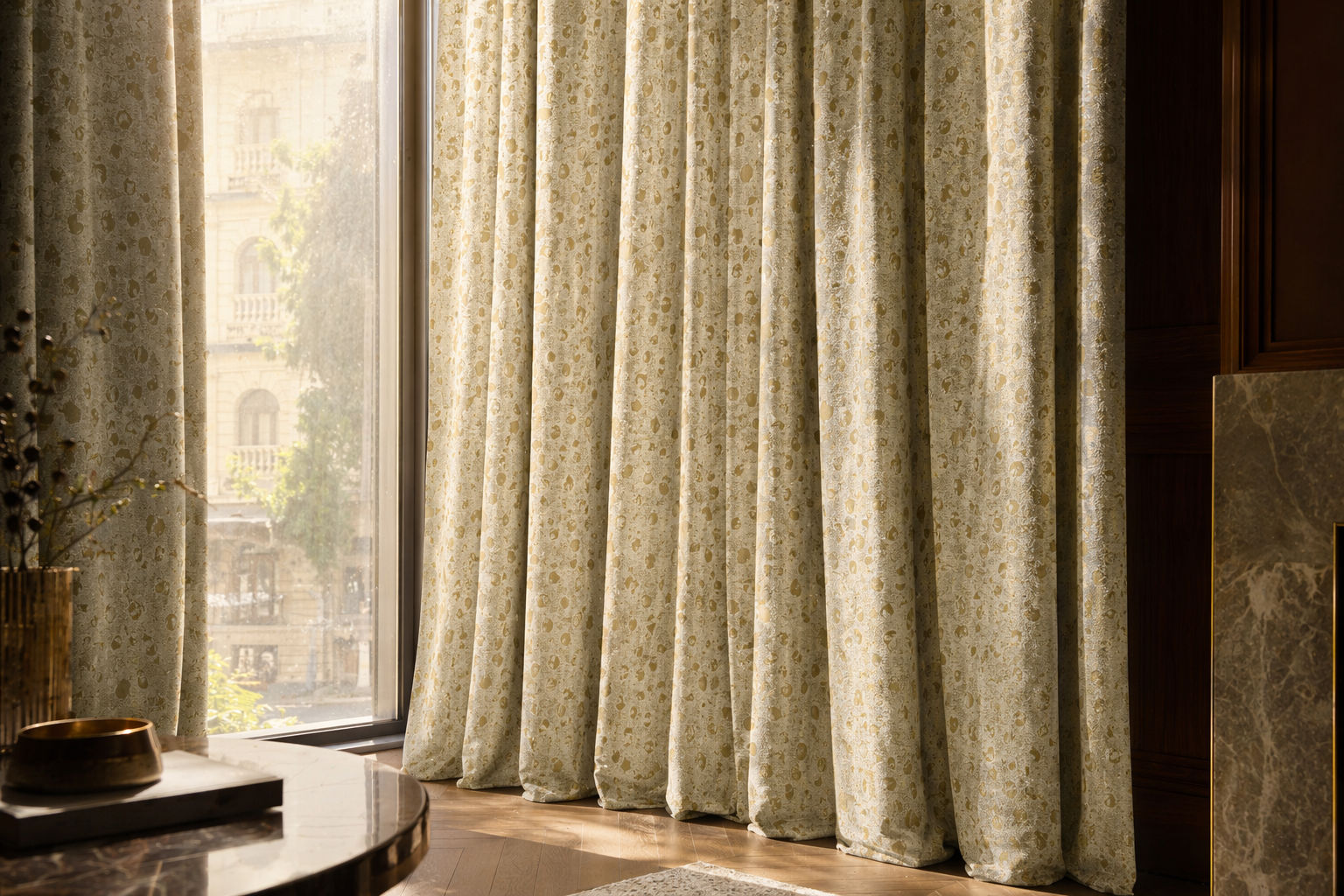 Floor-length curtains with a cream base fabric, and metallic gold abstract pattern - Beautiful Homes