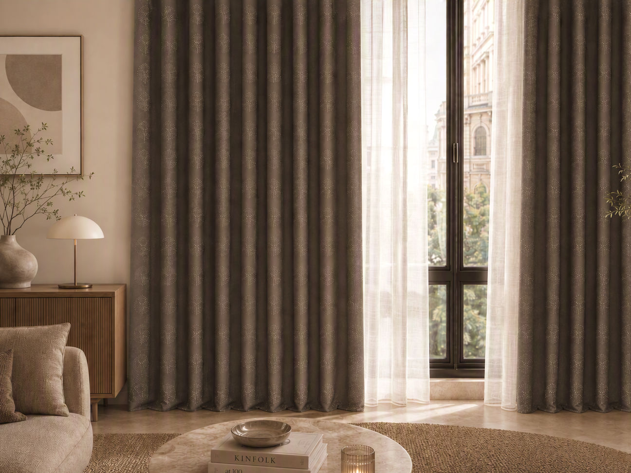Floor-length taupe curtains with a subtle vertical pattern - Beautiful Homes