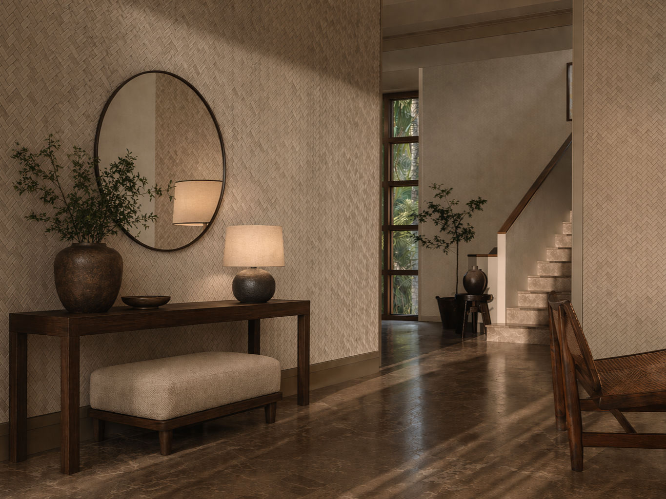 Light beige wallpaper with a subtle herringbone pattern, used across the entryway walls - Beautiful Homes