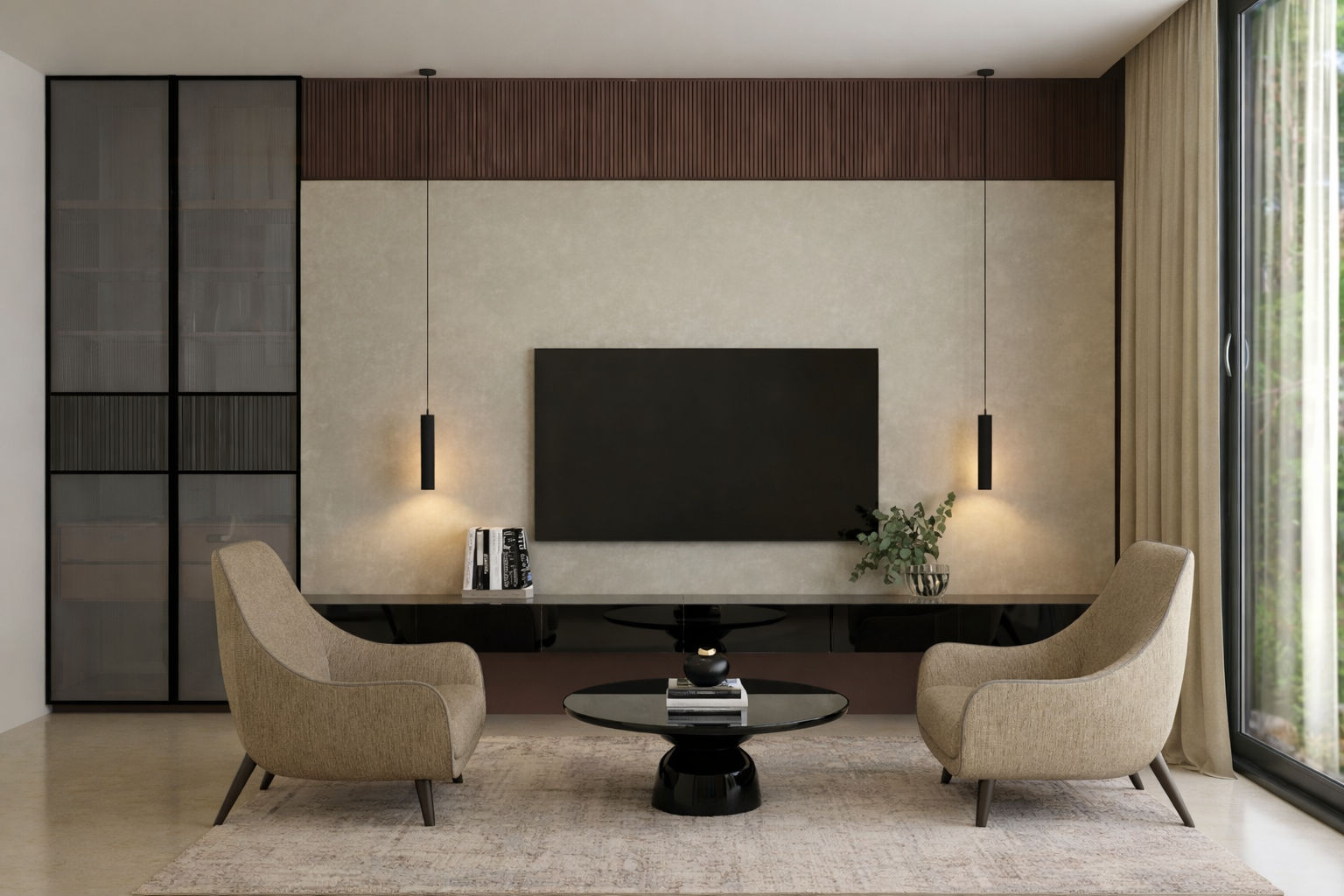 Contemporary living room featuring a floating media console, pendant lights, and neutral tones - Beautiful Homes