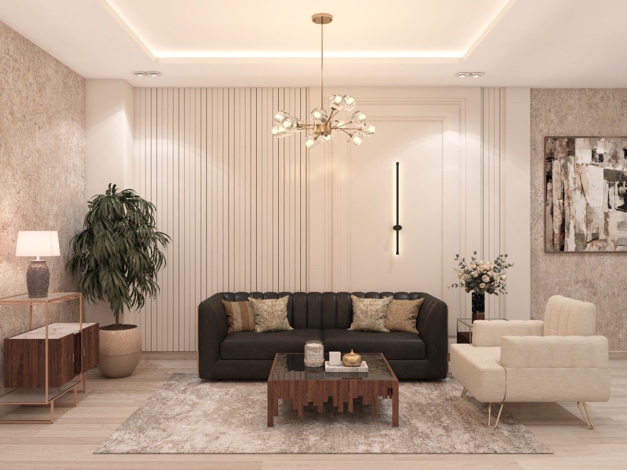 Living room with textured walls and modern furniture - Beautiful Homes